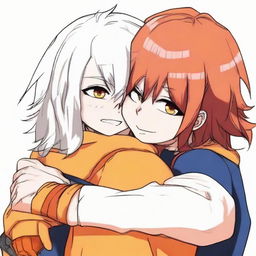 Uraraka from My Hero Academia affectionately hugging a cute teen boy with fluffy white hair and vibrant orange eyes.