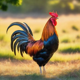 A vibrant, high-quality photograph of a proud rooster standing tall in a grassy field
