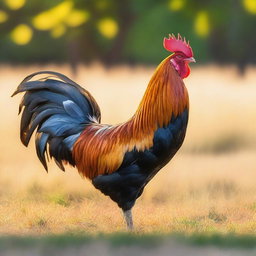 A vibrant, high-quality photograph of a proud rooster standing tall in a grassy field