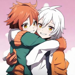 Uraraka from My Hero Academia affectionately hugging a cute teen boy with fluffy white hair and vibrant orange eyes.