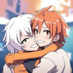 Uraraka from My Hero Academia affectionately hugging a cute teen boy with fluffy white hair and vibrant orange eyes.