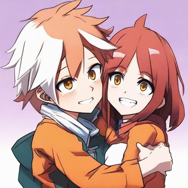 Uraraka from My Hero Academia affectionately hugging a cute teen boy with fluffy white hair and vibrant orange eyes.