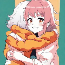 Anime style representation of Ochako Uraraka from My Hero Academia warmly hugging a cute teen boy with fluffy white hair and vibrant orange eyes.