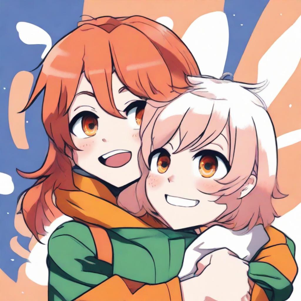 Anime style representation of Ochako Uraraka from My Hero Academia warmly hugging a cute teen boy with fluffy white hair and vibrant orange eyes.