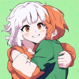 Anime style representation of Ochako Uraraka from My Hero Academia warmly hugging a cute teen boy with fluffy white hair and vibrant orange eyes.