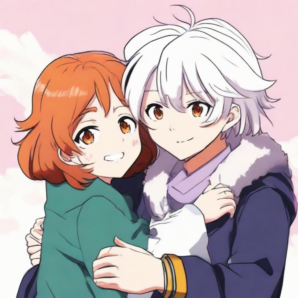 Anime style representation of Ochako Uraraka from My Hero Academia warmly hugging a cute teen boy with fluffy white hair and vibrant orange eyes.