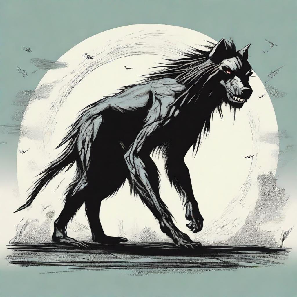 A spooky representation of a skinwalker, a mythical creature from Native American folklore, existing between the human and animal forms.