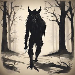 A spooky representation of a skinwalker, a mythical creature from Native American folklore, existing between the human and animal forms.