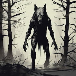 A spooky representation of a skinwalker, a mythical creature from Native American folklore, existing between the human and animal forms.