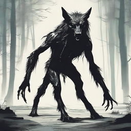 A spooky representation of a skinwalker, a mythical creature from Native American folklore, existing between the human and animal forms.