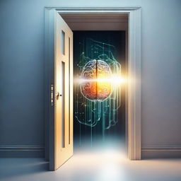 Artistic depiction of artificial intelligence symbolized by a door, leading to an open, illuminated brain, representing the future.