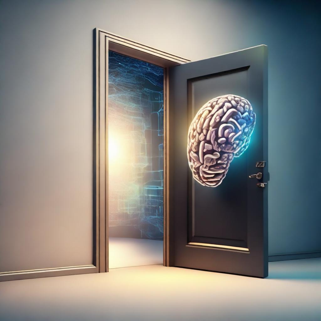 Artistic depiction of artificial intelligence symbolized by a door, leading to an open, illuminated brain, representing the future.