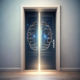 Artistic depiction of artificial intelligence symbolized by a door, leading to an open, illuminated brain, representing the future.