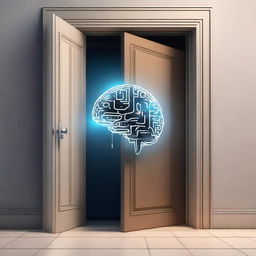 Artistic depiction of artificial intelligence symbolized by a door, leading to an open, illuminated brain, representing the future.