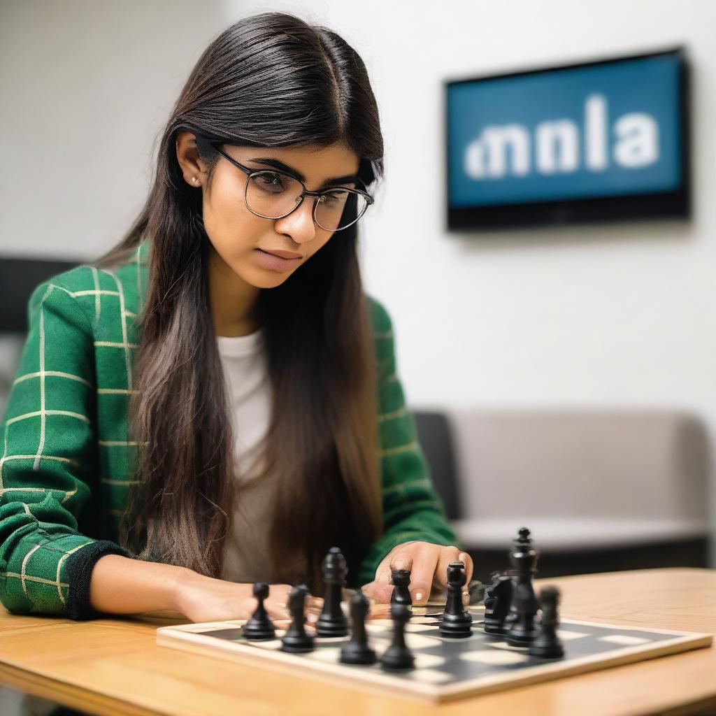 Mia Khalifa deeply engaged in a game of chess, studying the board intensely.