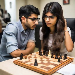 Mia Khalifa deeply engaged in a game of chess, studying the board intensely.