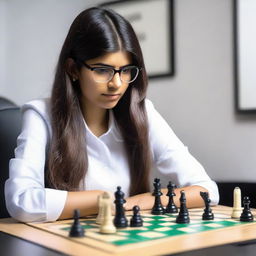 Mia Khalifa deeply engaged in a game of chess, studying the board intensely.