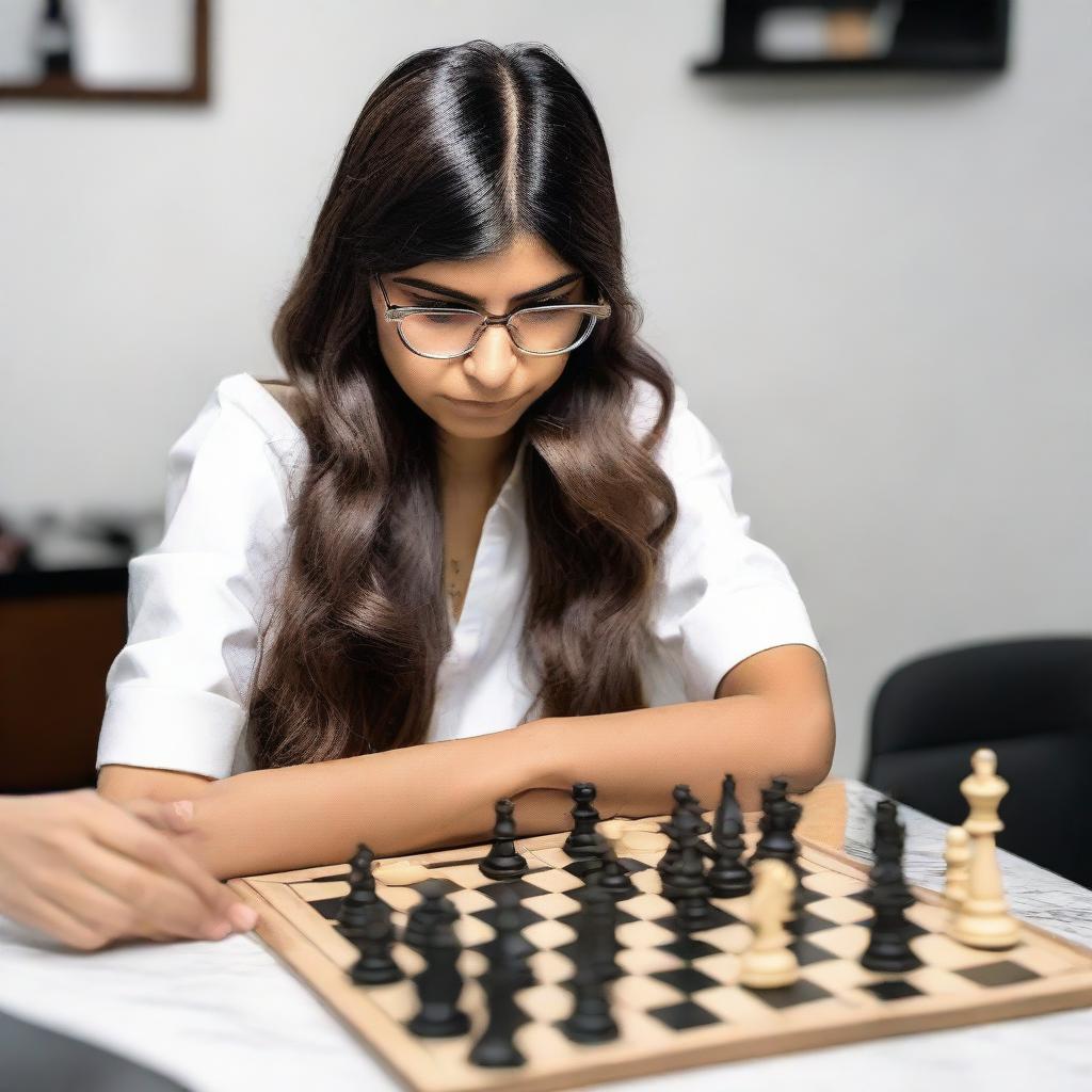 Mia Khalifa deeply engaged in a game of chess, studying the board intensely.