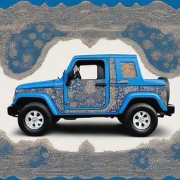 A blue Jeep with intricate Persian inspired design details and patterns