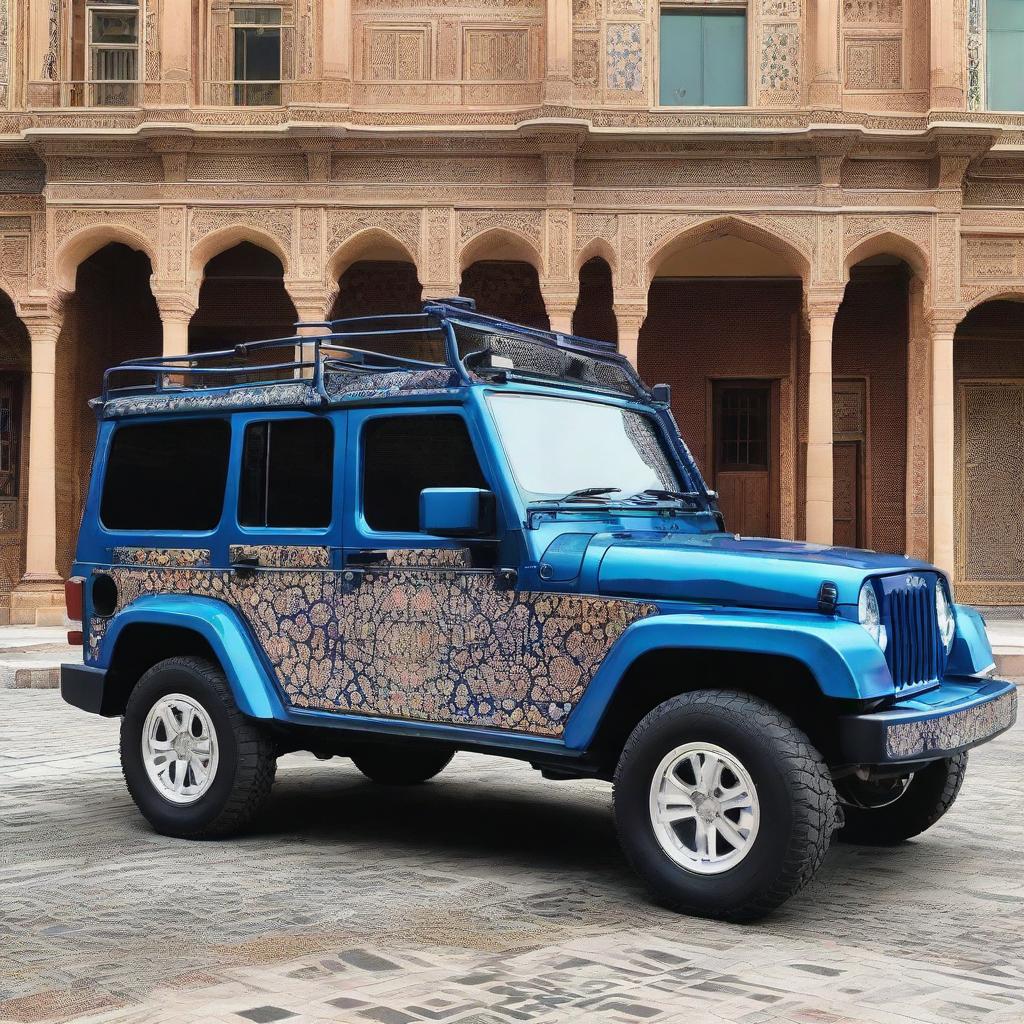 A blue Jeep with intricate Persian inspired design details and patterns