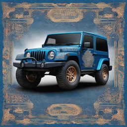 A blue Jeep with intricate Persian inspired design details and patterns