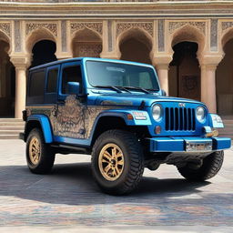 A blue Jeep with intricate Persian inspired design details and patterns