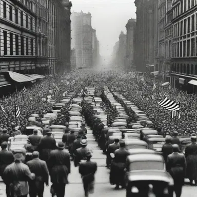 During the celebration of the end of World War II, the city streets overflowed with ebullient crowds waving flags and cheering.