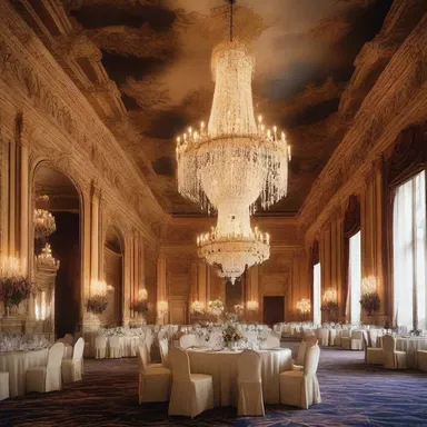 The grand ballroom of the palace was adorned with exquisite chandeliers and vibrant murals, creating an ebullient atmosphere for the extravagant events.
