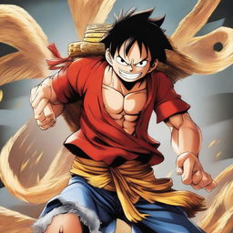 An exaggerated, powerful depiction of Luffy from One Piece in 'Gear 100', an imaginary upgrade showcasing immense strength and agility.