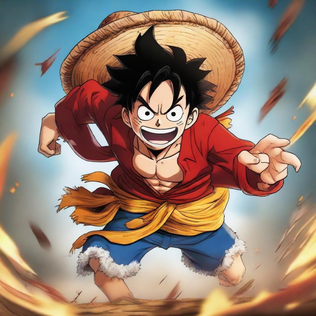 An exaggerated, powerful depiction of Luffy from One Piece in 'Gear 100', an imaginary upgrade showcasing immense strength and agility.