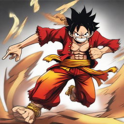 An exaggerated, powerful depiction of Luffy from One Piece in 'Gear 100', an imaginary upgrade showcasing immense strength and agility.