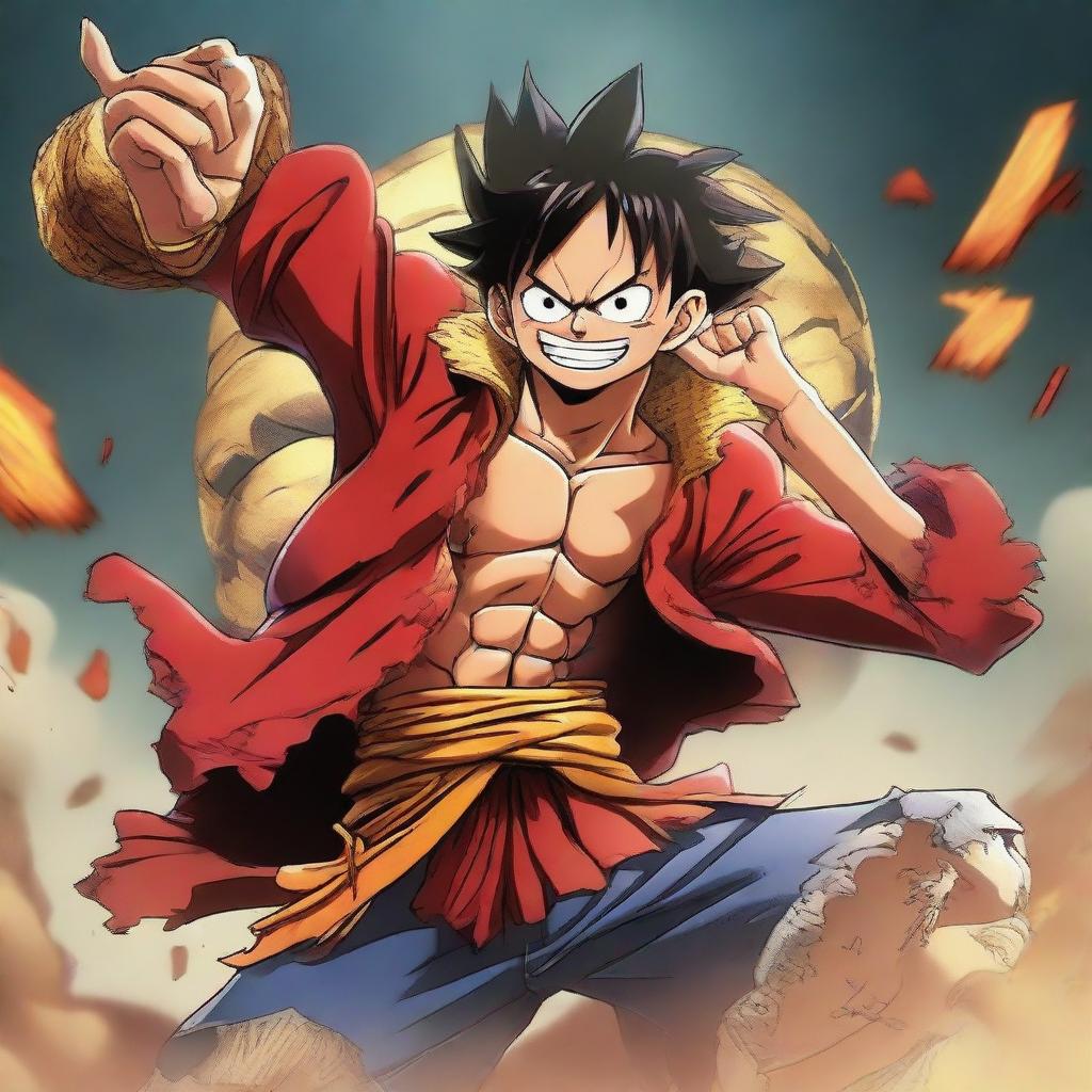 An exaggerated, powerful depiction of Luffy from One Piece in 'Gear 100', an imaginary upgrade showcasing immense strength and agility.