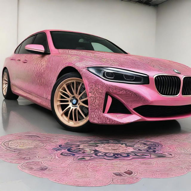 A pink BMW with Persian inspired design details and patterns
