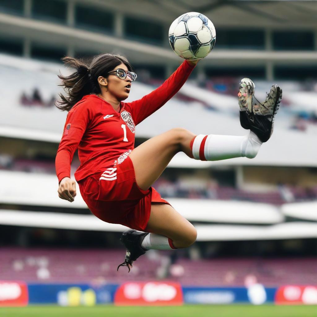 Mia Khalifa in athletic wear, mid-air performing an impressive bicycle kick during a football game.