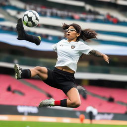 Mia Khalifa in athletic wear, mid-air performing an impressive bicycle kick during a football game.