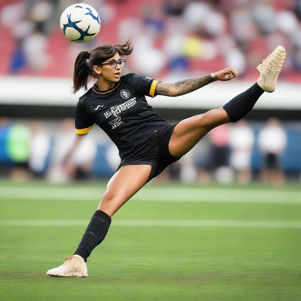 Mia Khalifa in athletic wear, mid-air performing an impressive bicycle kick during a football game.