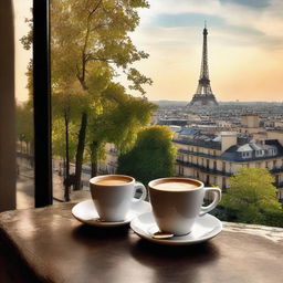 Early morning scene with a hot cup of coffee, seen against the natural beauty of Paris.