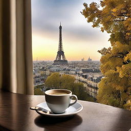 Early morning scene with a hot cup of coffee, seen against the natural beauty of Paris.