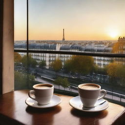 Early morning scene with a hot cup of coffee, seen against the natural beauty of Paris.