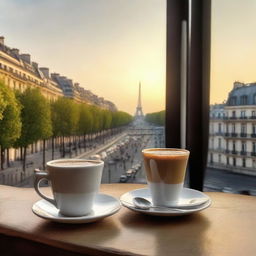 Early morning scene with a hot cup of coffee, seen against the natural beauty of Paris.