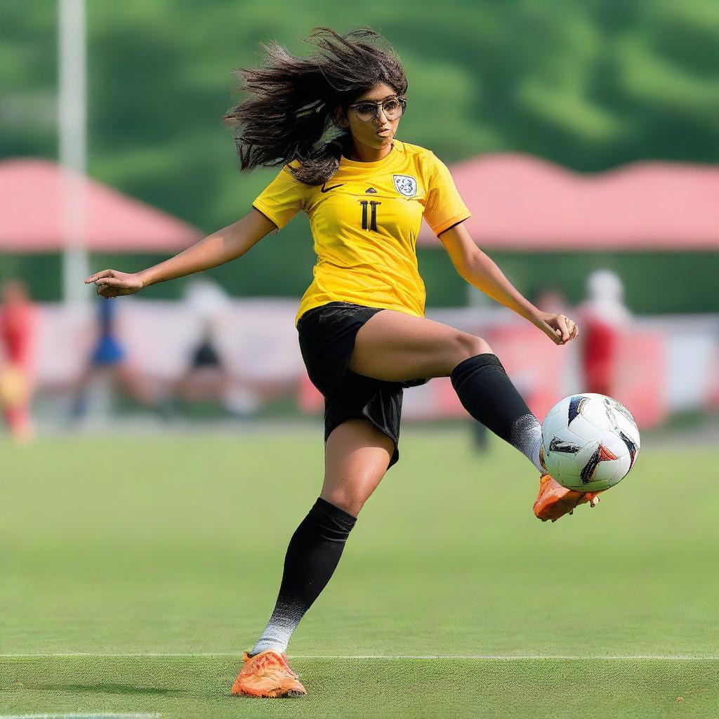 Mia Khalifa in athletic attire performing an impressive bicycle kick during a soccer game, depicted in the heat of the action.