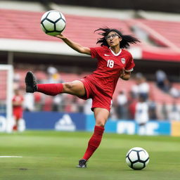 Mia Khalifa in athletic attire performing an impressive bicycle kick during a soccer game, depicted in the heat of the action.