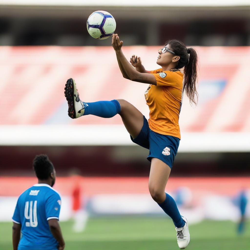 Mia Khalifa in athletic attire performing an impressive bicycle kick during a soccer game, depicted in the heat of the action.