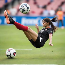 Mia Khalifa in athletic attire performing an impressive bicycle kick during a soccer game, depicted in the heat of the action.