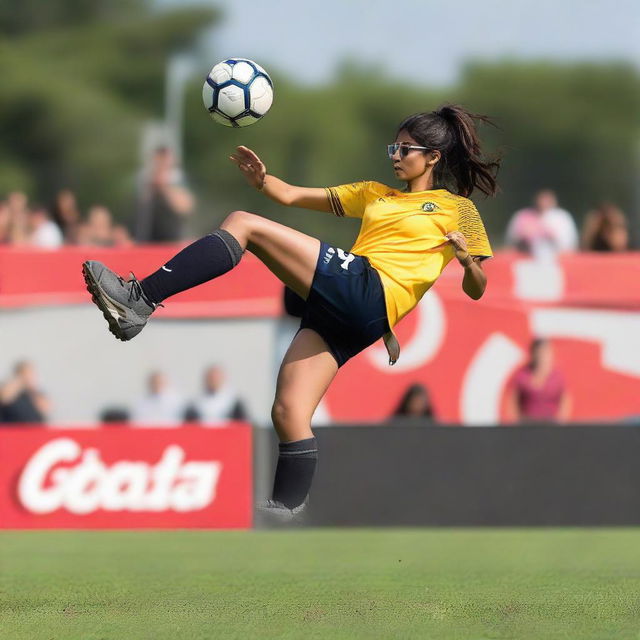 Mia Khalifa in athletic attire performing an impressive bicycle kick during a soccer game, depicted in the heat of the action.