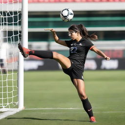 Mia Khalifa in athletic attire performing an impressive bicycle kick during a soccer game, depicted in the heat of the action.