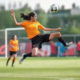 Mia Khalifa in athletic attire performing an impressive bicycle kick during a soccer game, depicted in the heat of the action.