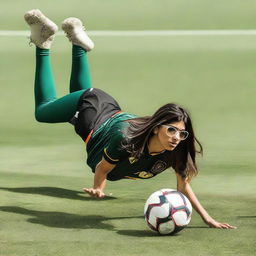 Mia Khalifa in athletic attire performing an impressive bicycle kick during a soccer game, depicted in the heat of the action.