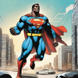 Black Superman in his iconic suit, showcasing his strength by effortlessly picking up a large, gleaming key