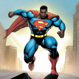 Black Superman in his iconic suit, showcasing his strength by effortlessly picking up a large, gleaming key